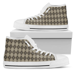 Chocolate Argyle Mens High Top Shoes (White)