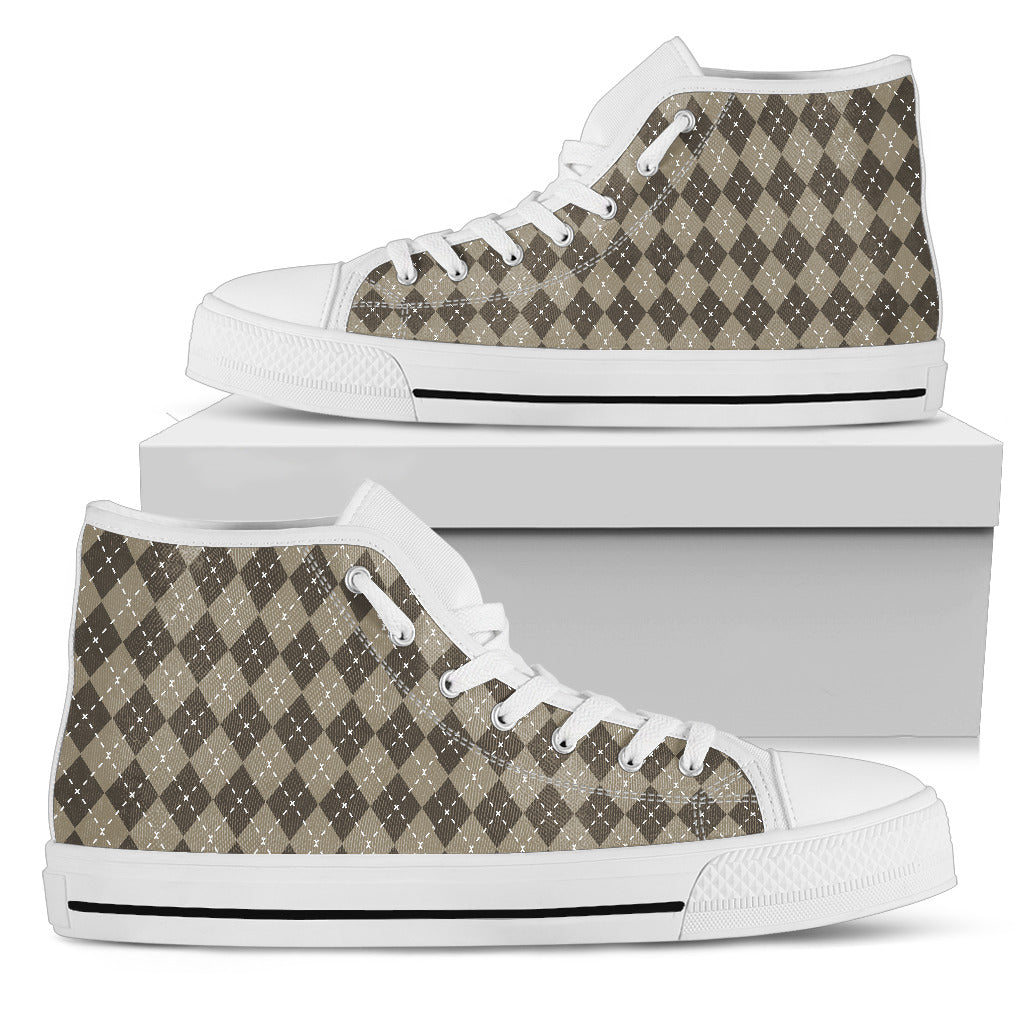 Chocolate Argyle Womens High Top Shoes (White)
