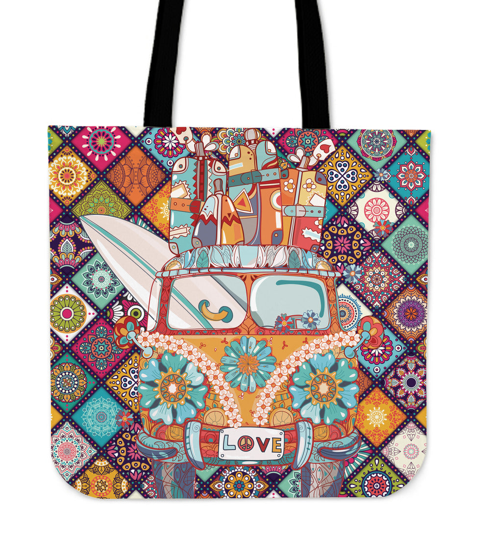 Patchwork Peace Bus tote bag