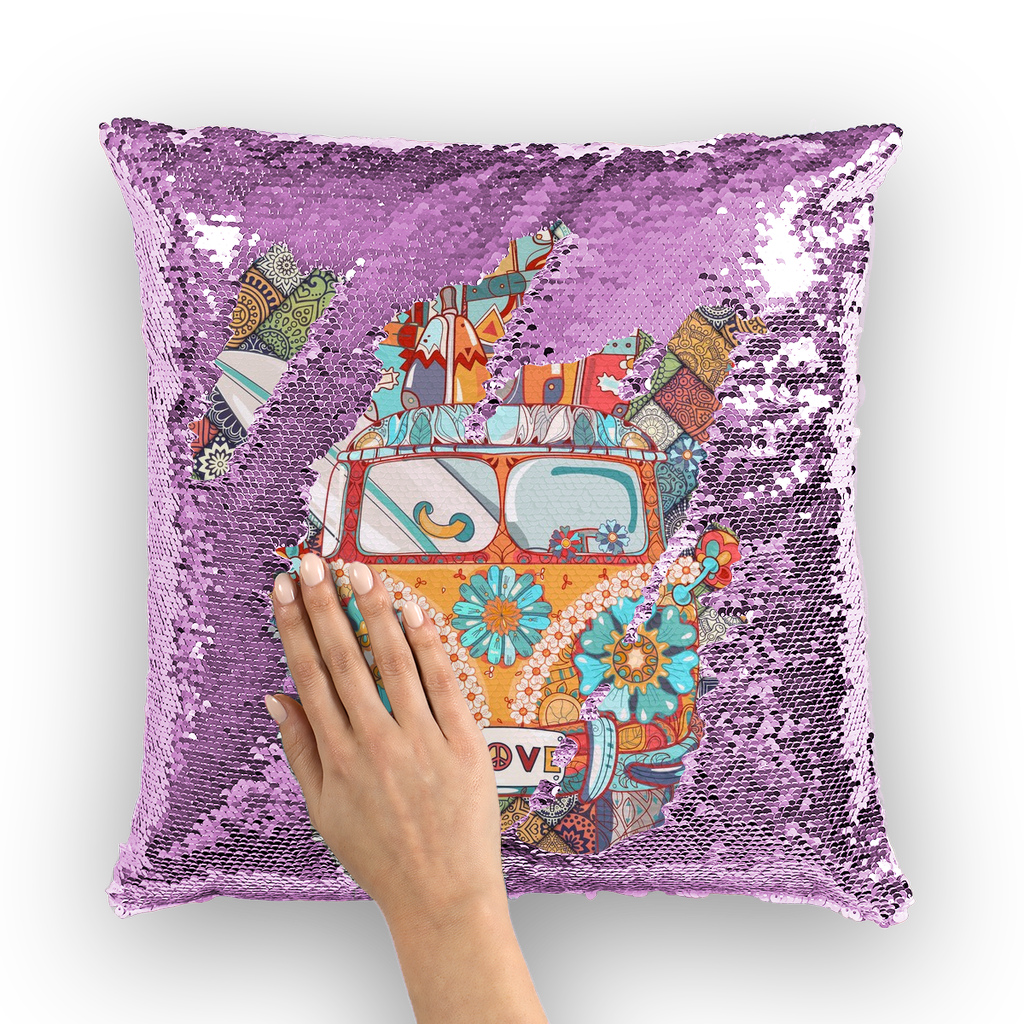 Peace and Love Bus ﻿Sequin Pillow Cover