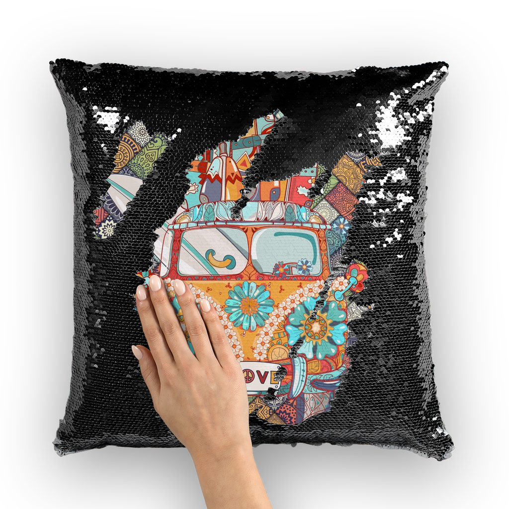 Peace and Love Bus ﻿Sequin Pillow Cover