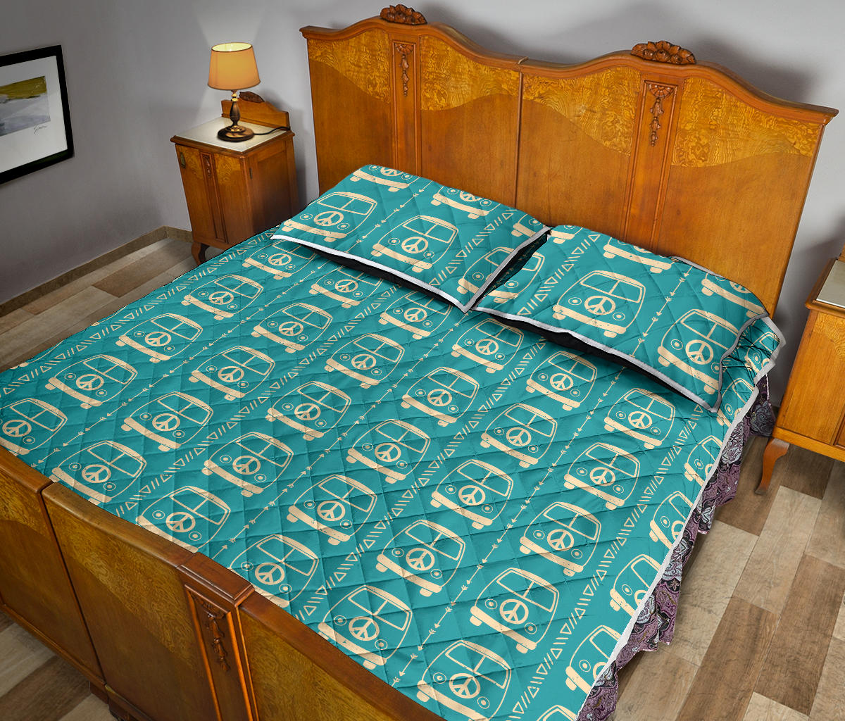 Blue Peace Bus Quilt Bed Set